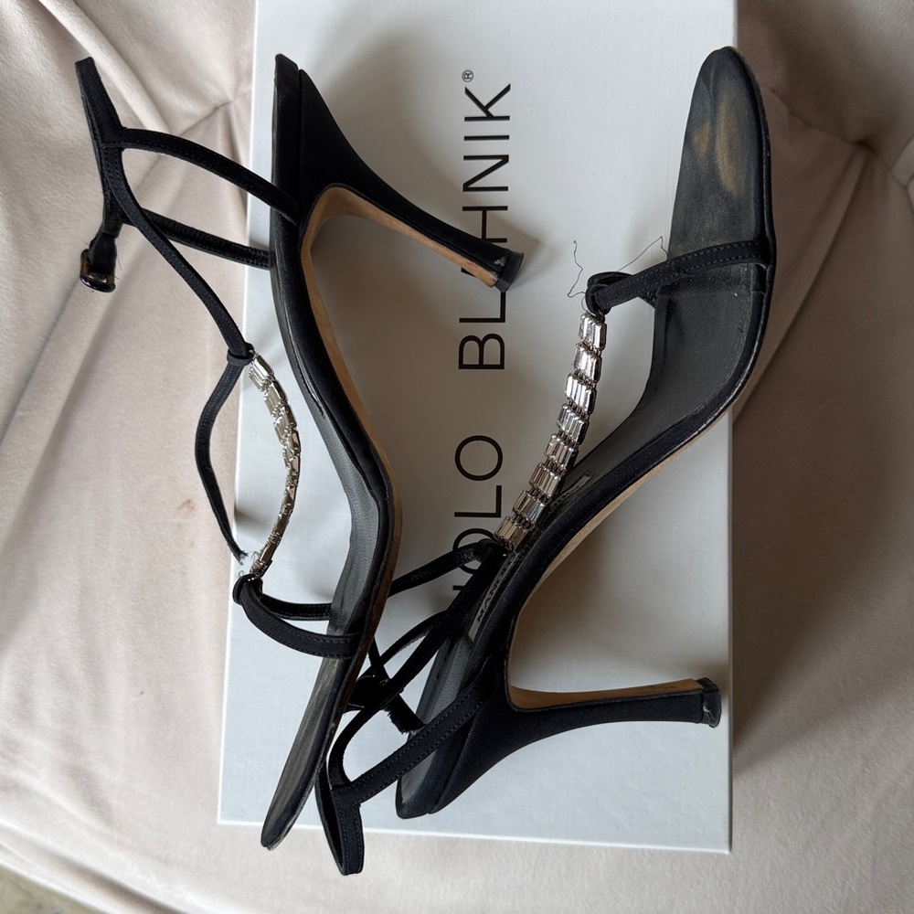 MANOLO BLAHNIK Vintage Black Crystal-Column T-Strap Sandal Size 38.5 8.5 - Picture 5 of 10